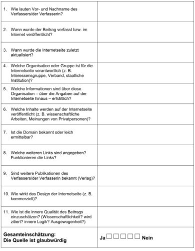 Checkliste glaubwürdige Internetquellen